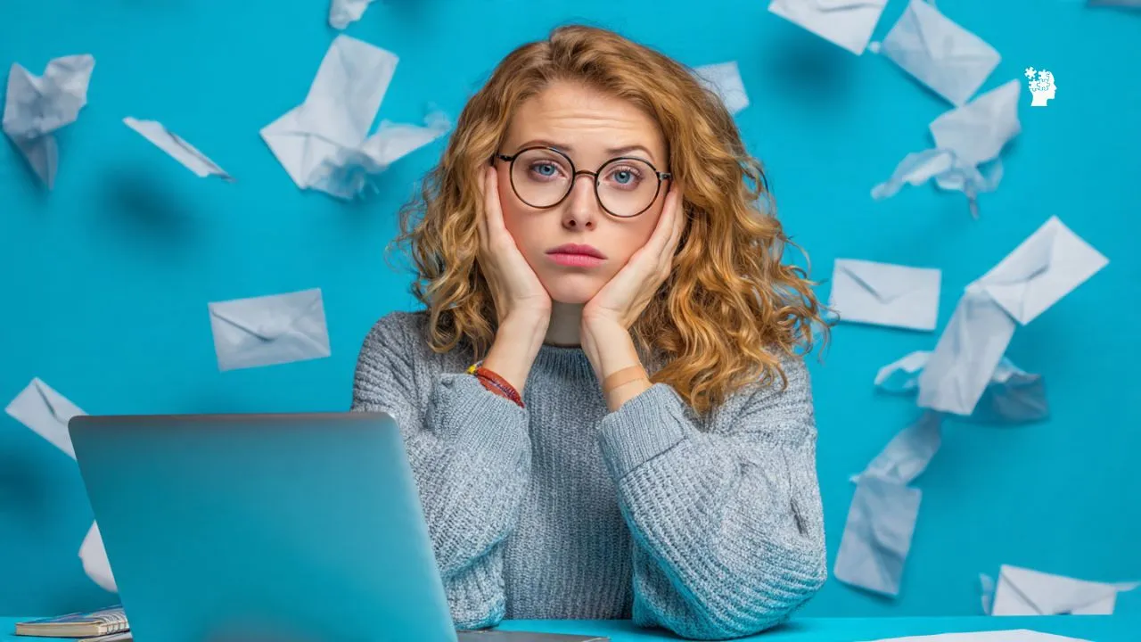 a worried girl sitting in front of laptop due to email deted by Ai Agent