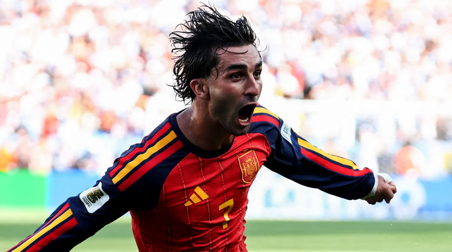 Spain's forward Ferran Torres celebrates scoring his team's first goal during the 2026 World Cup football tournament final match between Spain and Argentina at the New York